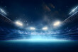 Football soccer field stadium at night and spotlight, blue light, AI generate