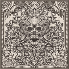 Wall Mural - illustration Demon Skeleton bit the scales with vintage engraving ornament perfect for your business and merchandise