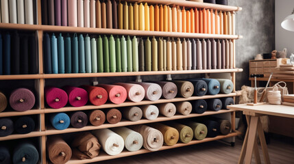 Wall Mural - Fabrics and fabric rolls organized on shelves. Workshop and shop for fashion designers, dressmakers, pattern makers and tailors. Cloth store. Shelves and walls full of organized fabrics.