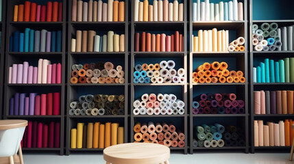 Wall Mural - Fabrics and fabric rolls organized on shelves. Workshop and shop for fashion designers, dressmakers, pattern makers and tailors. Cloth store. Shelves and walls full of organized fabrics.