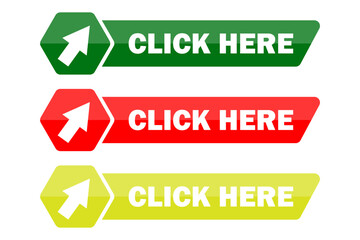 Poster - Click here button with arrow pointer clicking icon. Vector illustration. EPS 10.