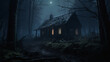 Haunted spooky cabin house in the woods lit by the moon