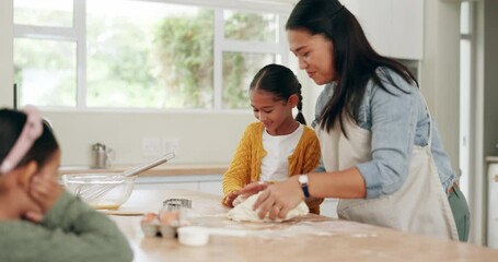 Wall Mural - Baking, family help and learning of kids with mother showing cookie dough roll in a kitchen. Home, support and mama with cooking and children with kid teaching and food to bake dessert in a house