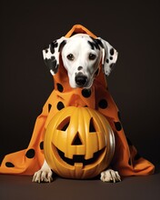 Spooky Halloween Duo: Dalmatian Pup In Cape Poses With Jack-o'-Lantern. Adorable Pet Costumes