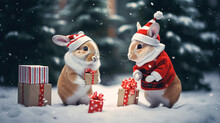 Two Bunnies  In Santa Claus Hat And  Costume Sitting In Showground Beside Gift Boxes And Christmas Ornaments. Christmas Postcard. Snowflakes In The Air. Generated Ai.