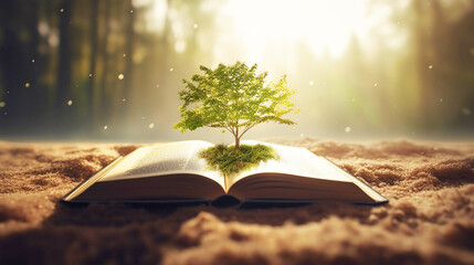 concept: image with a green tree growing from a book, open book Learning concept:
education and environment concept: Stack of open books with tree Book or tree of knowledge concept: Generative AI 