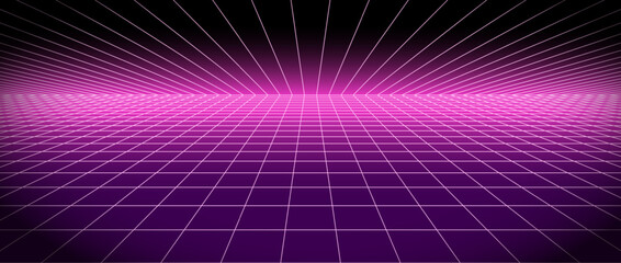 Aufkleber - Retro futuristic grid background vanishing in distance. Bright neon pink glowing tile floor and ceiling fading in perspective. Lattice plane landscape wallpaper. Abstract horizontal surface. Vector 