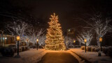 Fototapeta  - Festive Outdoor Holiday Display with Christmas Tree, Festive Lighting, and Seasonal Decorations, Creating a Beautifully Decorated Winter Wonderland. Generative AI