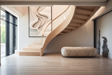 Wall Mural - Contemporary interior design in a new home features stylish stairs made of organic ash tree wood.
