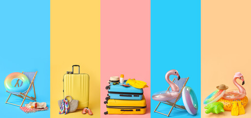 Wall Mural - Set of beach accessories with packed suitcases on color background