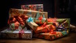 © Akash - Christmas Gifts - A Colorful Background with Multiple Presents Wrapped in Different Wrapping Paper, Ribbons, and Bows, Evoking the Excitement of Christmas Morning. Generative AI