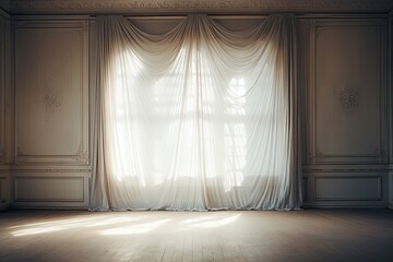 Wall Mural - An empty room with a window illuminated from behind and adorned with white curtains.