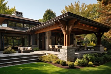 Wall Mural - Contemporary home with fashionable columns and wooden supports above a stone patio.