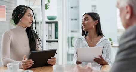 Aufkleber - Business people, tablet and discussion, planning and collaboration in meeting, information and communication. Touchscreen gadget, team and project agenda with senior man and women in workplace