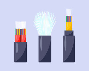 Poster - Different fiber optical cables vector illustration. Modern network technology, glowing wires for connecting digital devices and transfer data. Speed data connection, telecommunication concept