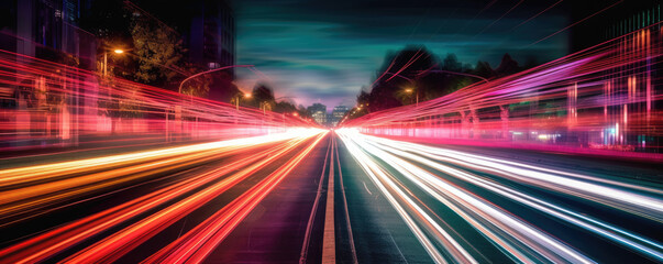 Wall Mural - Long exposure of car lights at night on city streets. Generative AI