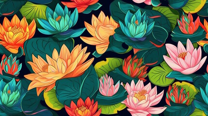 Sticker - Water Lilly Flower Pattern with Vibrant Colors, Perfect for Invitations, Fabrics, and Floral-Themed Decorations. Generative AI