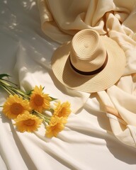 Poster - A magazine, beach towel and lemons on the beach, in the style of light beige and beige, playful femininity, documentary travel photography