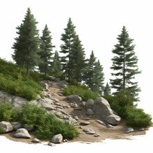 Pathway Between Mountains And Trees, Greenery Nature Isolated On White Background. Green Grass And Trees With Rocks, Tracking Path In Mountains. Piece Of Land. Generative Ai.