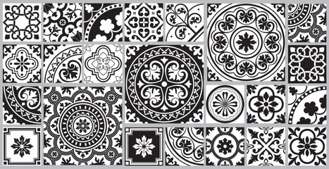 Set of patterned floor tiles. Mediterranean seamless pattern. Traditional Portuguese tiles. Vector illustration.