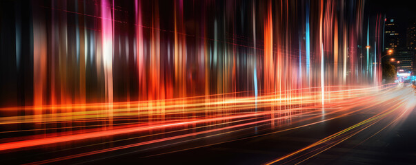 Wall Mural - Long exposure of car lights at night on city streets. Panoramic view. Generative AI