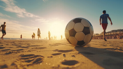 A young boy kicking a ball, people playing football on the beach