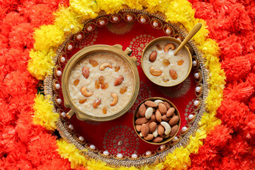 Wall Mural - Rice Kheer Indian Sweet Payesh. Kerala Onam Payasam Palada Phirni dessert Mumbai India. Mithai festival sweet dish Diwali Dussehra Holi ganesh chaturthi Ram navami Durga pooja durga ashtami