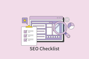 Wall Mural - website ranking on search engine page, complete seo report, tick on checklist clipboard, online busi
