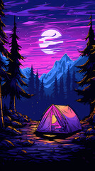 Wall Mural - Hand-painted illustration of van Gogh camping tent under the beautiful starry sky
