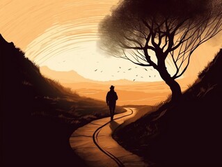 A silhouette of a person walking along a winding road generative ai