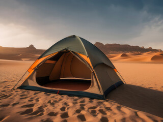 a tent in the desert with mountains in the background