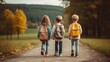 © Adriana - Back To school in autumn. Back view of children with backpacks going to school on a countryside road