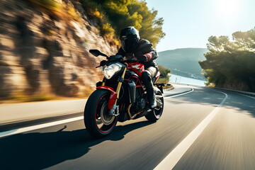 A motorcycle rider speeding on a mountain road