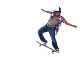 Skateboard, black boy and kid with a jump trick and urban streetwear fashion on isolated, transparent or png background. African child, skateboarding and skater with energy or skill for skating stunt