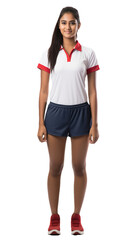 Latino woman in sports outfit with red blue and white colors full body view isolated on transparent background (PNG)