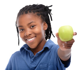 Smile, portrait and a child with an apple for nutrition, health and eating for a detox. Happy, diet and a young African kid showing or giving a fruit or food isolated on a transparent png background