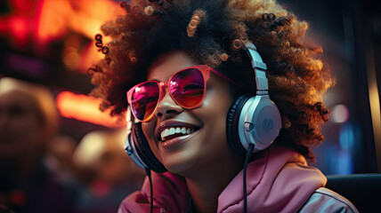 Happy cool fashion funky African young black hipster lady wears trendy glasses wireless headphones listening dance pop dj music standing in neon night club. generative ai