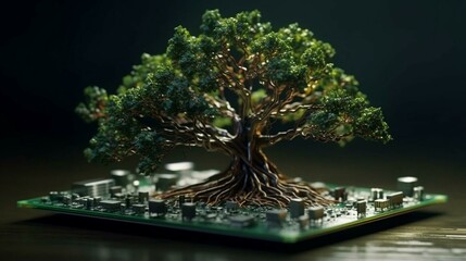 Poster - Green natural eco-friendly tree and computer technology on an abstract high-tech futuristic background of microchips and computer circuit boards with transistors. AI generated
