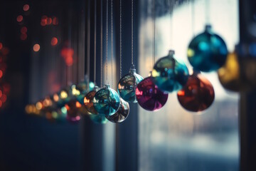 Wall Mural - Glass Balls Hanging on Ribbon in a Bright Winter Holiday Composition, Festive Decor, Colorful Ornaments, Seasonal Decoration, Eye-Catching Design, Cheerful Atmosphere, Holiday Joy. Generative AI