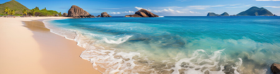 Panoramic view of a paradise beach with white sand, palm trees and crystal clear water. Generative AI