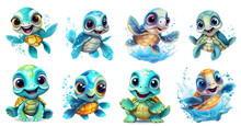 Set Of Funny Cartoon Sea Turtles, Isolated Background Png, Sea Turtle Watercolor, Generated Ai