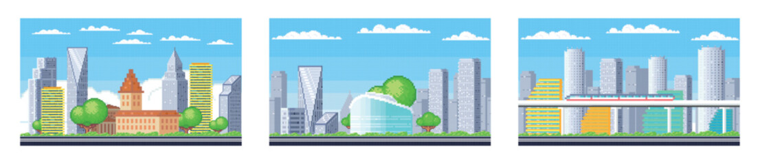 Wall Mural - City buildings. Downtown pixelated cityscape set. Scenery skyline. Urban neighbourhood. Suburban town silhouette. Sky landscape. Modern architecture and park. Daytime panorama in pixel art style