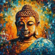 © Akash - Modern Impressionism: Abstract Sitting Buddha Painting in Cyan and Amber, Pixel-Art Style, Vibrant and Expressive. Generative AI