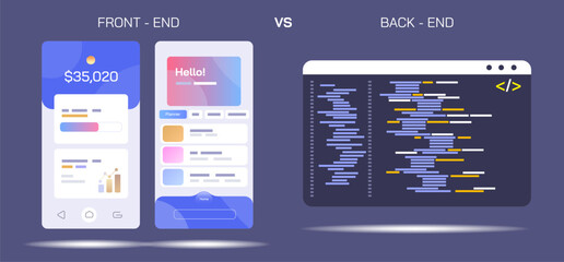front end vs. back end development. ui ux vs programming. coding and scripting education. front end 