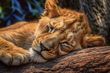 Wall Mural - Cute little lion cub sleep. Generative AI.