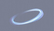 Dynamic blue lines with glow effect. Rotating shiny half rings. Abstract sparkling swirl, wave.