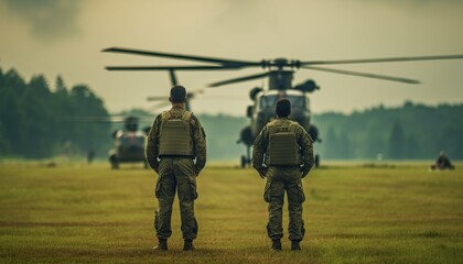 Wall Mural - Military soldiers with assault rifles from the back