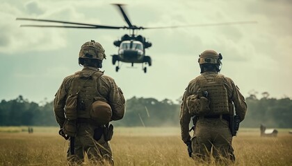 Wall Mural - Military soldiers with assault rifles from the back