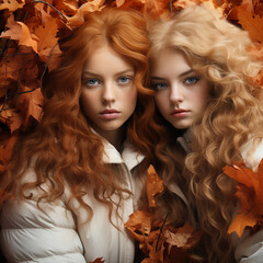 Two young stylish woman with long hair in autumn outfit at autumn leaves background. Generative Ai content.