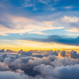Fototapeta Na sufit - Dramatic white clouds and blue sky from airplane window view Colorful sunset cloudscape background. Generative AI